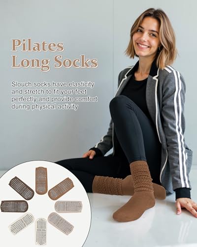 Pilates Socks with Grips for Women, Yoga Slouch Scrunch Socks - color: Brown