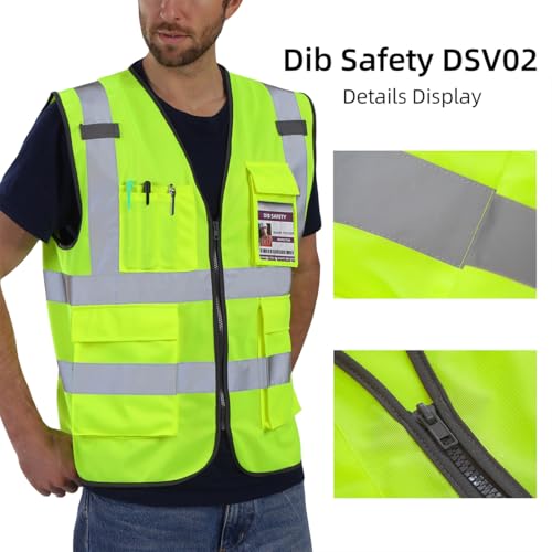 Dib Safety Hi Vis Reflective Safety Vest for Men Women with Pockets Zipper - color: Yellow, size: Large