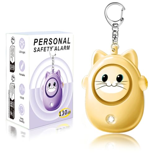 Personal Safety Alarm Keychain, 130dB Loud Siren with LED Light, Cute Cat Design Security Device for Women, Children, Elderly - color: Yellow