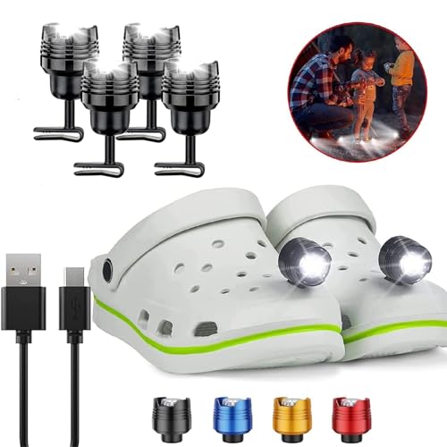4 Pcs Rechargable Headlights for Crock, Outdoor Waterproof LED Flashlight for Shoes, Clip on Crock Light Attachment Charm, Accessories for Camping, Cycling, Walking, 3 Light Modes, Last 72 Hours - color: Black, size: 4 PCS
