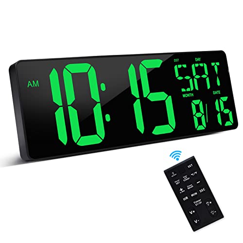 XREXS Large Digital Wall Clock with Remote Control, 16.5 Inch LED Display, Count Up & Down Timer, Adjustable Brightness, Plug-in Alarm Clock with Day/Date/Temperature for Home, Gym, Classroom - color: Green