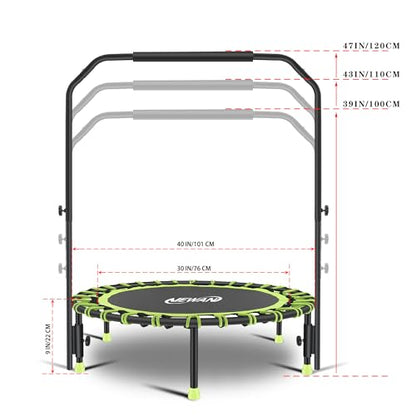 Newan 40" Silent Mini Trampoline with Adjustable Handle Bar Fitness Trampoline Bungee Rebounder Jumping Cardio Trainer Workout for Adults - Max Limit 330 lbs - color: Green