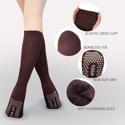 Grip Pilates Socks for Women Mid Calf Slouch Yoga Socks with Non Slip Grippers - color: Brown-3pk