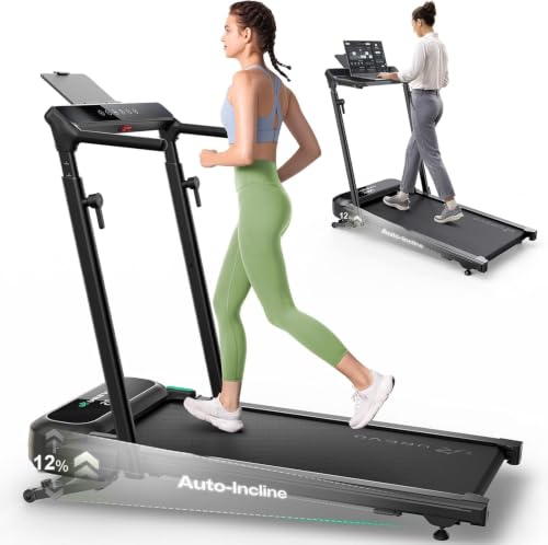 UREVO Foldimix 5L Auto Incline 12% Walking Pad with AI App, Adjustable Handlebar & Multifunctional Desk, Quiet Motorized - color: Black Incline