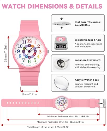 SOCICO Kids Analog Watch 30M Waterproof & Learning Time for Girls Boys - color: Pink-Color Dial