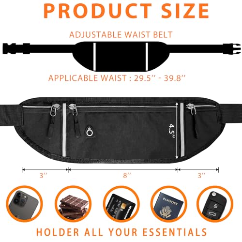 Slim Running Belt for Women & Men with Quick-Dry Pockets & Night Reflective. Adjustable Waist Pack for Phone, Keys, Cards, and Cash.