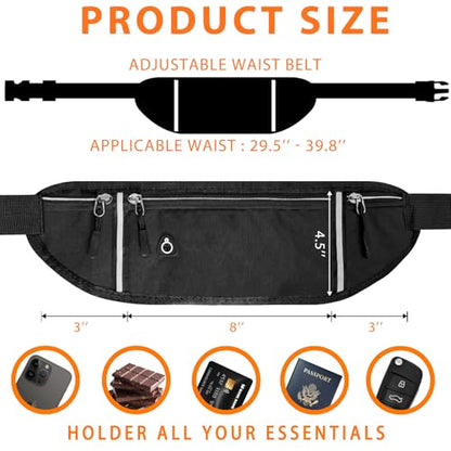 Slim Running Belt for Women & Men with Quick-Dry Pockets & Night Reflective. Adjustable Waist Pack for Phone, Keys, Cards, and Cash.