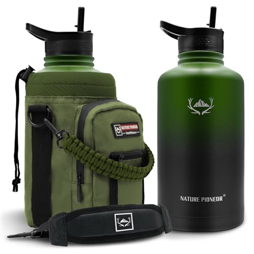 NATURE PIONEOR 64 oz Insulated Water Bottle with Carrier Bag & 3 Lids - color: Green Black, size: 64 Ounces