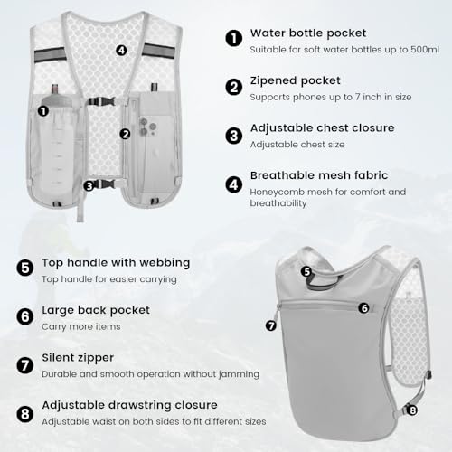 Running Vest for Women Men, Adjustable Lightweight Hydration Vest with 500ml Soft Flask, Breathable Backpack for Trail Race Hiking Cycling Climbing Jogging Marathon