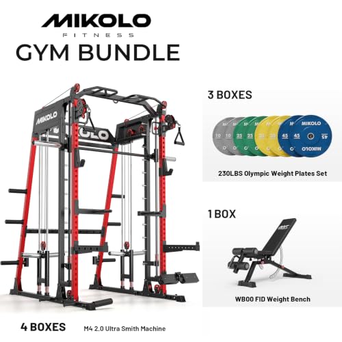 Mikolo M4 2.0 Smith Machine, 2200lbs Squat Rack with LAT-Pull Down System & Cable Crossover Machine, Training Equipment with Leg Hold-Down Attachment - color: Red, size: M4 2.0 Ultra Package (with Color BP230lbs)