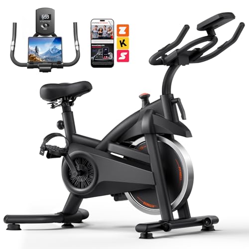 Exercise Bike,Brake Pad Stationary Bike for Home with 0-100 Resistance & App, Silent Belt Drive Stationary Workout Bike for Home with Comfort Seat, Low Noise Indoor Cycling Bike with Heart Rate / Tablet & Bottle Holder