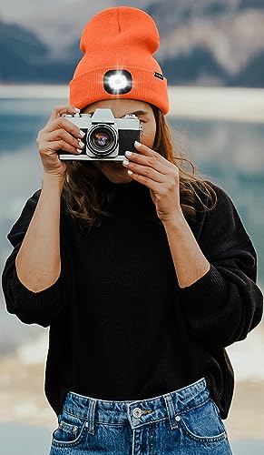 ATNKE LED Lighted Beanie Hat,USB Rechargeable 8 LED Red Glow Flashing Alarm Running Headlamp Cap Gifts for Men and Women - color: #Bright Orange