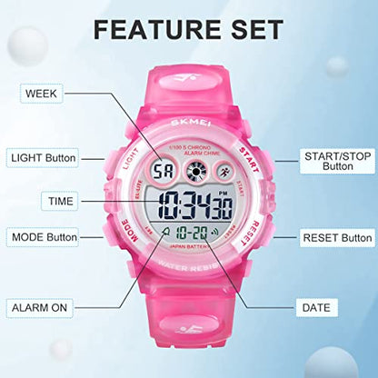 GOLDEN HOUR Watches for Kids Digital Sport Waterproof Boys Girls Watch Outdoor 12/24 H Alarm EL Backlight Stopwatch Military Child Wristwatch Ages 3-15 - color: Pink