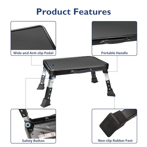 BONTEC Folding Step Stool, 3-Level Adjustable Metal Step Stool, 330lbs - color: Black