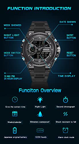 KXAITO Men's Watches Sports Outdoor Waterproof Military Watch Date Multi Function Tactics LED Alarm Stopwatch - color: 6092_Black 08