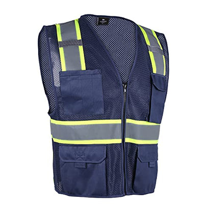 VENDACE Hi Vis Safety Reflective Mesh Vest for Men ANSI Class 2 High Visibility Vest with 8 Pockets and Zipper - color: Blue, size: X-Large