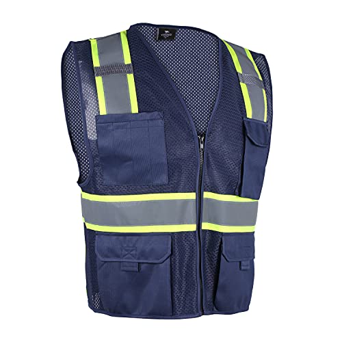 VENDACE Hi Vis Safety Reflective Mesh Vest for Men ANSI Class 2 High Visibility Vest with 8 Pockets and Zipper - color: Blue, size: XX-Large