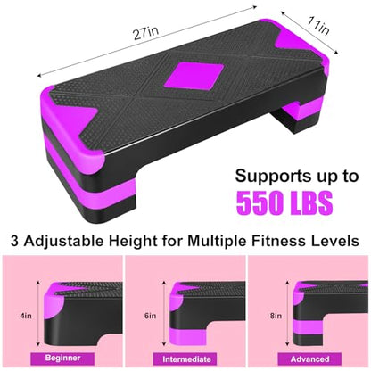 27" Exercise Workout Aerobic Step Platform with Adjustable 4"-6"-8" Risers - color: Purple