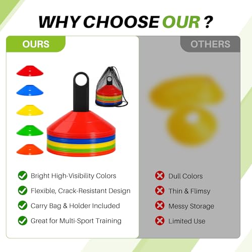 50/100PCS Soccer Cones with Carry Bag & Holder, 5 Color Disc Cones - color: 50 Pack
