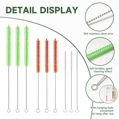 9PCS Reusable Long Colored Straw Cleaner Brush Set 12" Bendable
