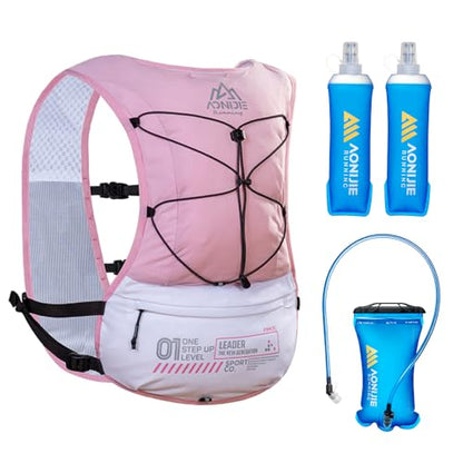 ICE FLAME Hydration Backpack Vest, 5L Multifunctional Outdoor Running Backpack fit 6.8 Inches Phone for Marathon Training, Hiking, Trail and Walking - style: Pink 1.5L bladder & 2*500ml flask