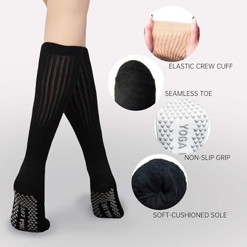 Grip Pilates Socks for Women Mid Calf Slouch Yoga Socks with Non Slip Grippers - color: Black/White/Khaki