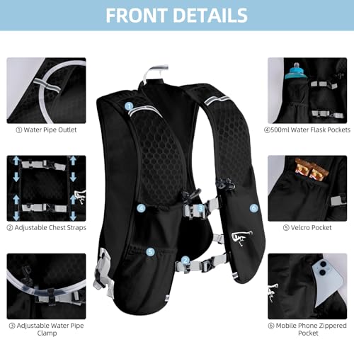 Hydration Backpack for Women Men, Lightweight Running Vest with 1.5L Water Bladder, Breathable Water Backpack for Hiking Running Cycling Climbing-White/Black - style: Black