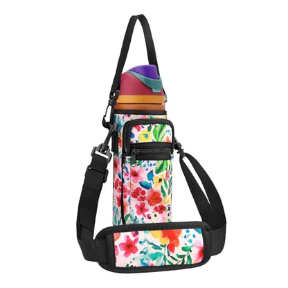Neoprene Water Bottle Holder Bag with Cell Phone Pocket Compatible with Owala FreeSip 24 oz，Water Bottle Carrying Bag ，with Adjustable Shoulder Strap,for 24oz Stainless Steel Water Bottle - color: Pink Flower