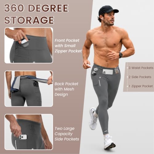 Mens Compression Pants with Pockets Quick-Dry Running Tights Spandex - color: Grey, size: XX-Large