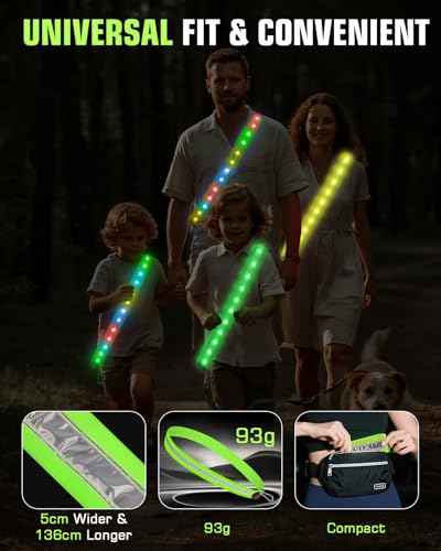 Zacro LED Reflective Sash Light Up Vest for Night Walking with 5 Colors & 3 Light Modes, Rechargeable High Visibility Neon Safety Gear for Men Women Dog Walking