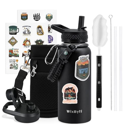 WixByti 32 oz Insulated Water Bottle with Straw, Stainless Steel Water Jug - color: Black, size: 32 Ounces