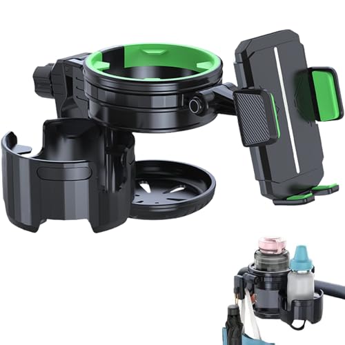 4-in-1 Universal Cup Holder for Stroller, Bicycle, Wheelchair & Shopping Cart | 360° Rotatable, Anti-Slip Silicone Grip Spill-Proof Design | Adjustable Single/Double Cup and Phone Holder【Green】