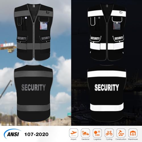 TCCFCCT Mesh Security Vest for Security Guard 9 Pockets High Vis, Black L - color: Black-bison 08, size: Large