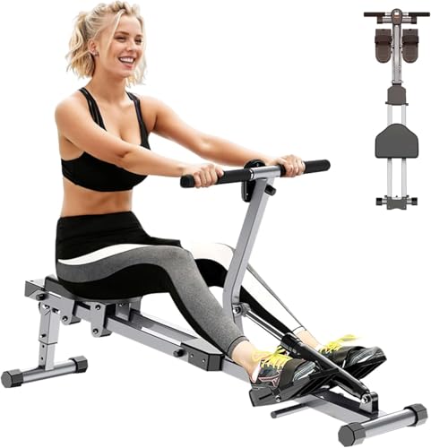 Home Folding Rowing Machine，Indoor Fitness Hydraulic Rowing Machine，300LBS Weight Capacity with 12 Levels of Adjustable Resistance，LCD Display for Real-time Recording，Dual Tracks for Quieter