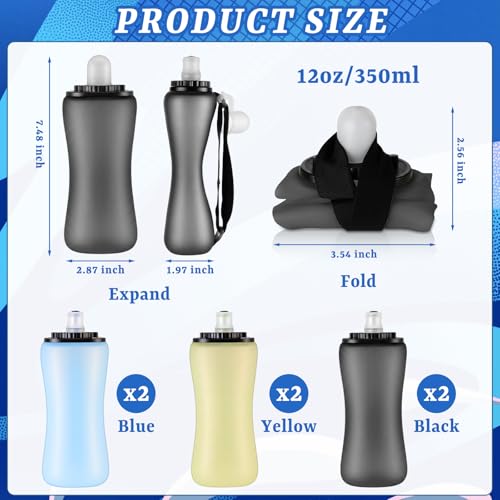6 Pcs 12oz/350ml Collapsible Foldable Soft Flask Running Bottles Portable Reusable Handheld Water Bottle, Lightweight Leak-proof, for Running, Gym, Hiking, Cycling, City Walk
