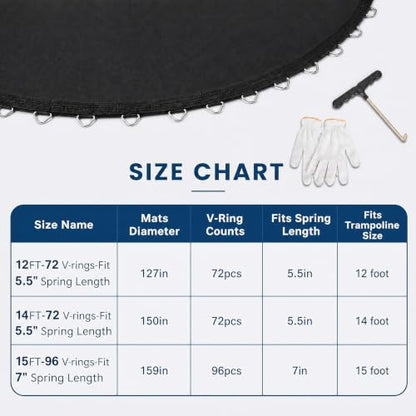 Garvee Trampoline Replacement Mat, Fits 12/14/15ft Round Frame with 72/96 V-Hooks, Fits 5.5" /7" Springs Premium Trampoline Mat w/Pull Hook and Gloves (Spring not Included)
