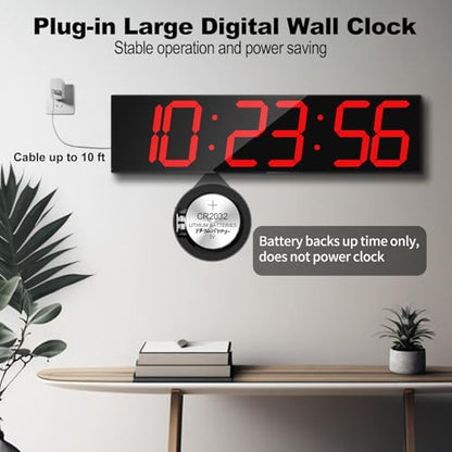 CHKOSDA Digital Wall Clock, Oversize Led Digital Clock Large Display with Auto Dimmer, Huge Countdown Timer with Remote Control, 27" Wide Led Display, 6 Digits, Wall Mount, Date and Temperature (Red) - color: Red