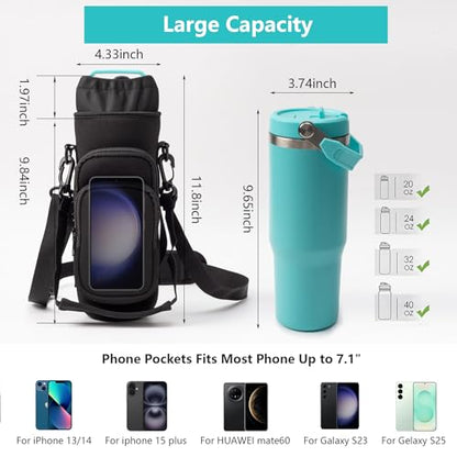 linmaya Water Bottle Carrier Bag,Water Bottle Holder with Straps Phone Pockets Fits Stanley IceFlow Owala 16/24/32/40oz - color: Black, size: 16-40 Oz wihtout Handle
