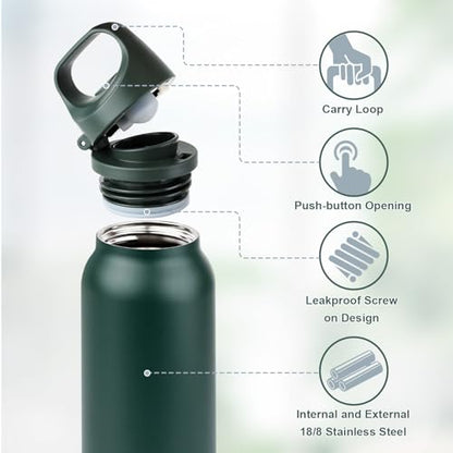 Insulated Thermo Water Bottle with Handle 20oz Stainless Steel Water Bottle Metal Water Flask Water Bottle for Hot and Cold Drink for Hiking, Workout, Gym, Travel (Green, 600ml) - color: Green