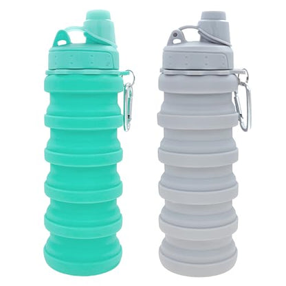 Collapsible Water Bottles Travel water bottle Sports Portable Sport Water Bottle Reusable Water Bottles comes with mountaineering Buckle 500ml silicone Water-proof camping water bottle - color: Green+Light grey, style: 2 pack