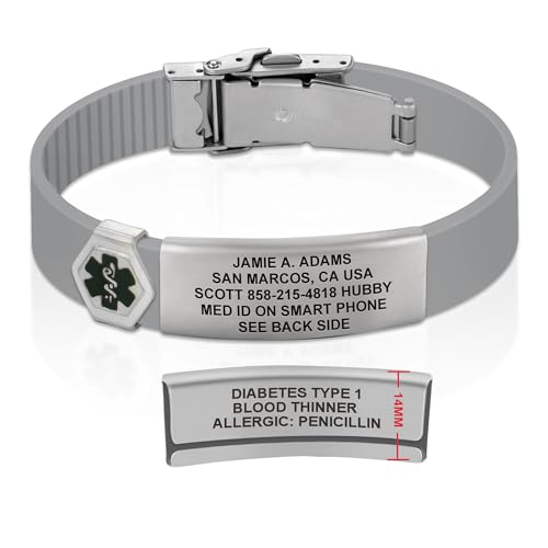 Divoti Custom Dual-Sided Engraved Silicone Medical Alert ID Wristband w/Security Clasp & Trim-to-Fit Band - Style - color: Concrete Gray / Brushed Stainless Silver / Black, size: Band Width - 13mm