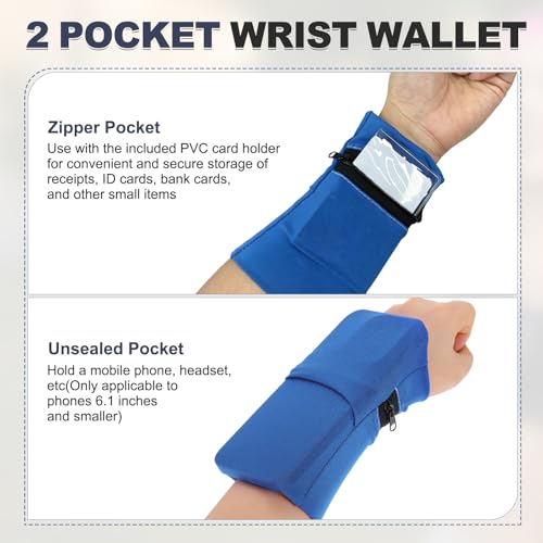 Wrist Pouch, Wrist Wallet Wristband with PVC Card Pouch Zipper Wristband Sports Sweatbands for Men and Women - color: Black/Dark Blue