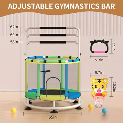 Trampoline for Kids, Adjustable Baby Toddler Trampoline with Basketball Hoop, Round Bottom Indoor Outdoor Toddler with Enclosure - color: light blue green