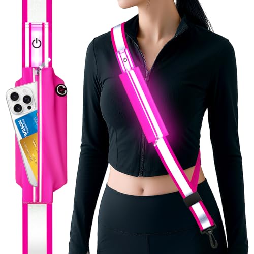 LED Reflective Belt Sash, Rechargeable LED Light Night Safety Walking Gear, High Visibility Adjustable Reflective Gear for Runners Walkers Cyclists at Night (Pink) - color: Pink