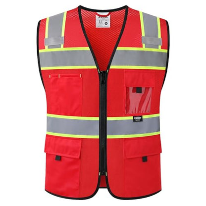 JKSafety Safety Vest for Men Women Hi Vis Relfective Vest with Pockets High Visibility Meet ANSI Standard - color: 331-red, size: Medium