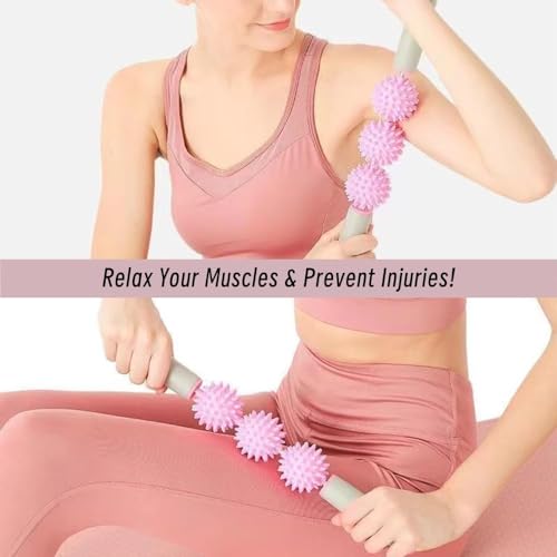 Fascia Muscle Roller, Cellulite Massager Fascia Roller for Cellulite and Sore Muscles, Neck, Leg, Back, Pressure Trigger Point Body Roller Deep Tissue Massage Stick Tools - 3 Massage Balls - color: Sakura Pink