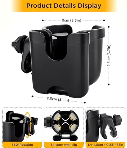 Universal Stroller Cup Holder with Mobile Phone Strollers Storage Rack, 360 Degrees Rotation Drink Holder for Bike, Pushchair, Wheelchair, Walker, Fits Most Cups