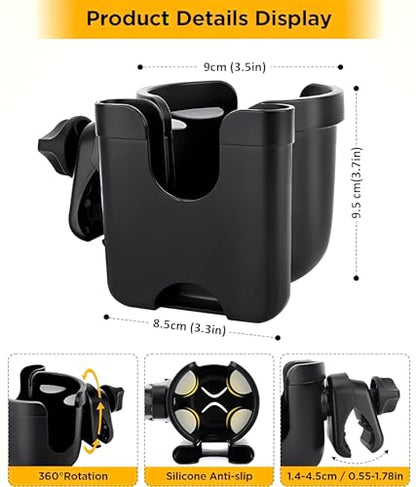 Universal Stroller Cup Holder with Mobile Phone Strollers Storage Rack, 360 Degrees Rotation Drink Holder for Bike, Pushchair, Wheelchair, Walker, Fits Most Cups