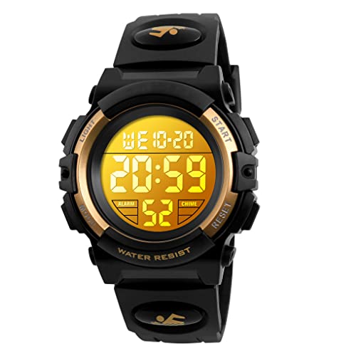 Dayllon Kids Digital Watch Boys Outdoor Sports 50M Waterproof Girls Watches Alarm Clock 12/24 H Stopwatch Calendar for Ages 3-15 Boy Girl Wristwatch Kids Gift - color: Gold X( 8-15 Year Old)