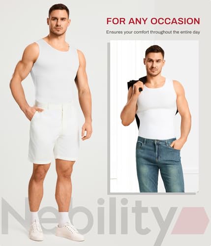 Nebility Shapewear Mens Compression Shirt - Slimming Body Shaper Vest Sleeveless Undershirts Workout Tank Tops - color: White, size: Small